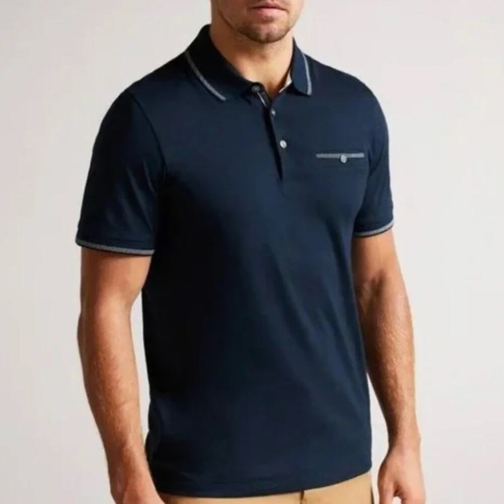 Ted Baker Short Sleeve Tipped Polo Shirt Navy Blue Men's Large 4 Soft Cotton